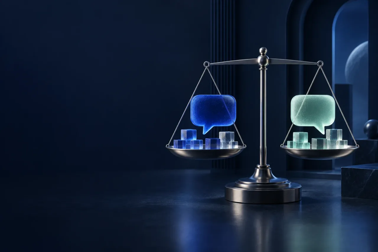 Two blue and mint glass speech bubbles balance above a precision scale against a dark navy background.