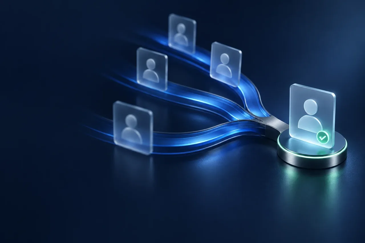 Translucent contact cards converge along blue rails into one verified record on a dark navy background.