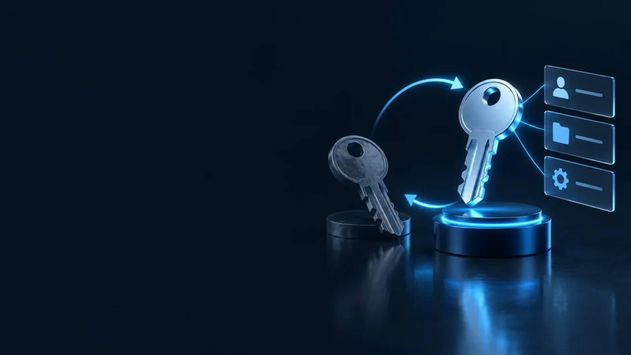 Two metal access keys linked by a blue rotation arc beside three permission plates on a dark navy background.