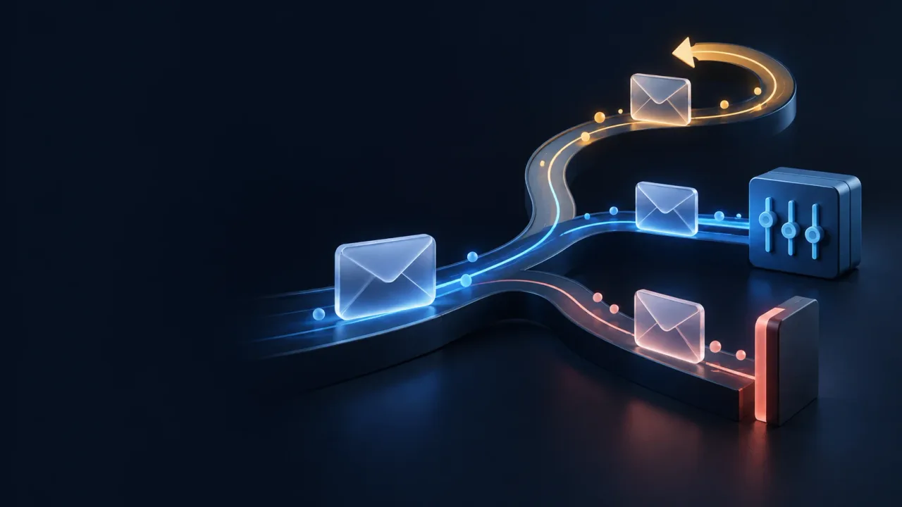 Translucent envelopes follow three paths on a dark background: an amber loop, a blue adjustment block and a coral stop barrier.