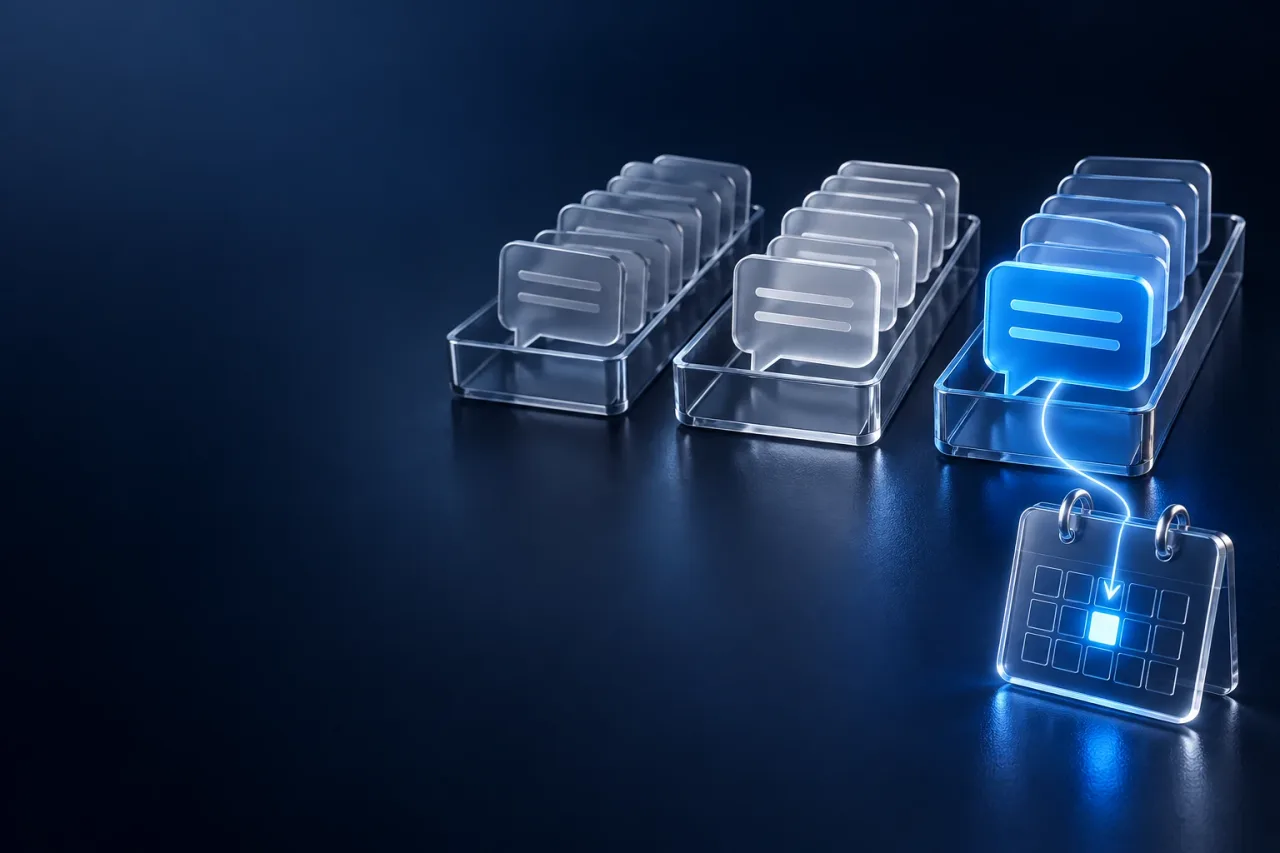 Glass conversation cards are sorted into three trays, with a blue reply linked to a meeting calendar.