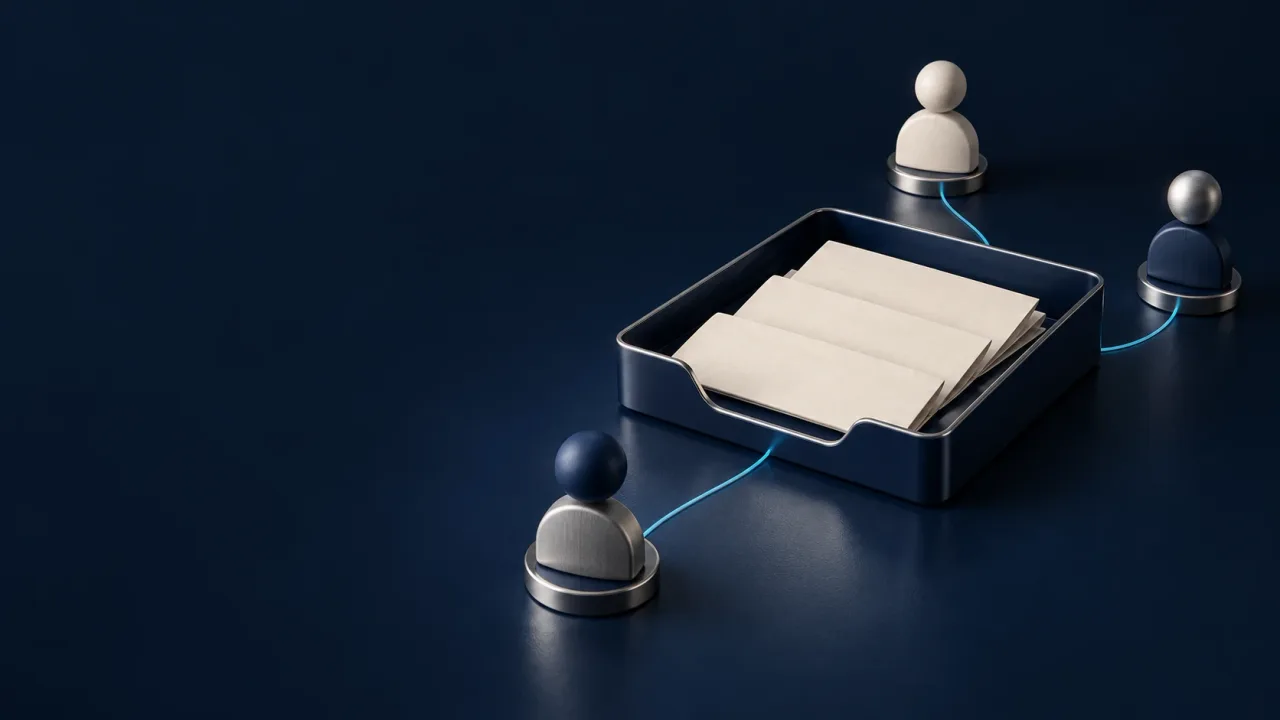 Three separate ceramic and metal person markers connected by cyan lines to one navy letter tray holding ivory paper.