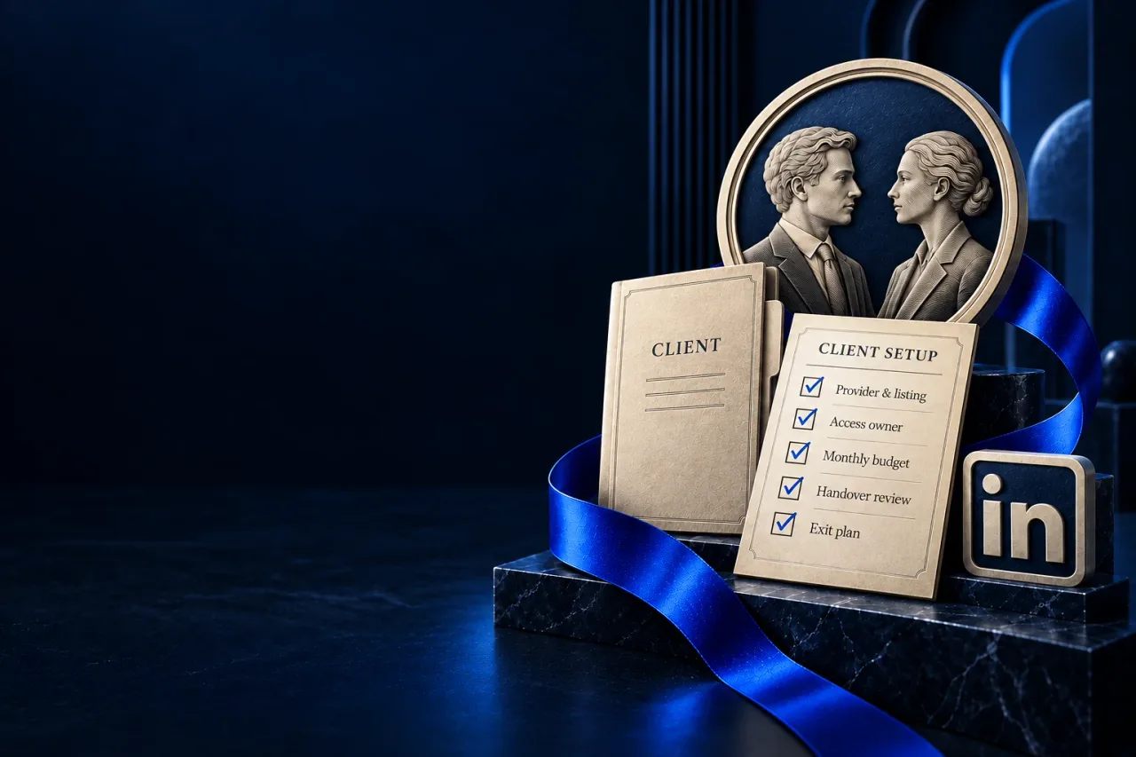 Ivory engraved client folder and "Client setup" checklist with cobalt ticks beside an agency-and-client cameo and LinkedIn tile on dark navy.