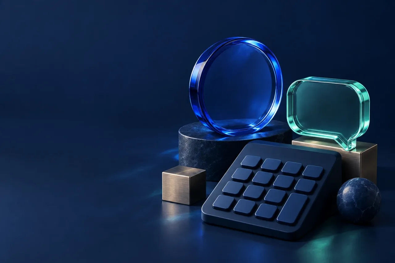 A cobalt glass disc, mint speech bubble and blank navy calculator arranged on a dark studio surface.