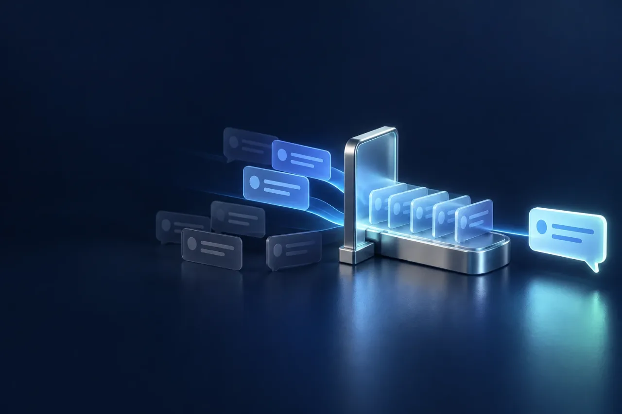 Blue message tiles pass through a glass gate into an orderly queue, with one illuminated reply bubble on a dark navy background.