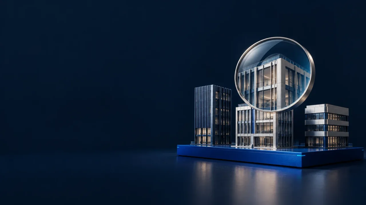 An optical inspection lens reveals details of miniature office buildings on a cobalt platform against a dark navy background.