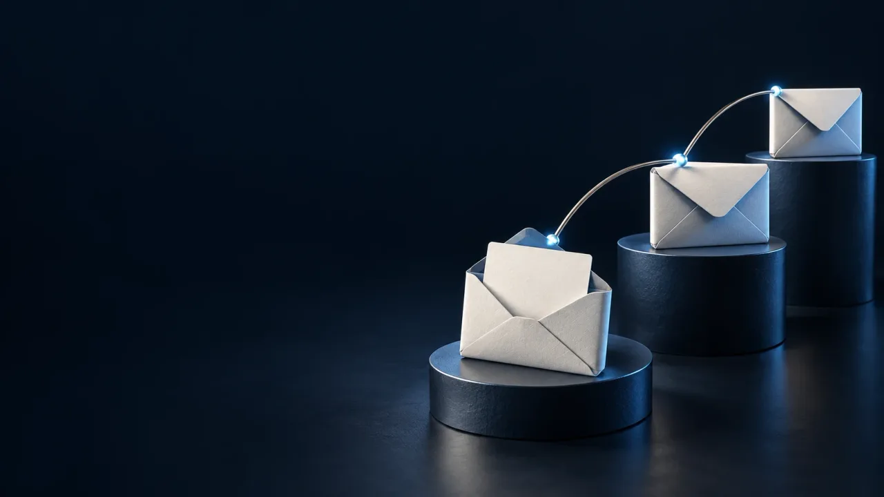 Three paper envelopes on dark blue pedestals linked by a curved metal spine with cyan connection points.