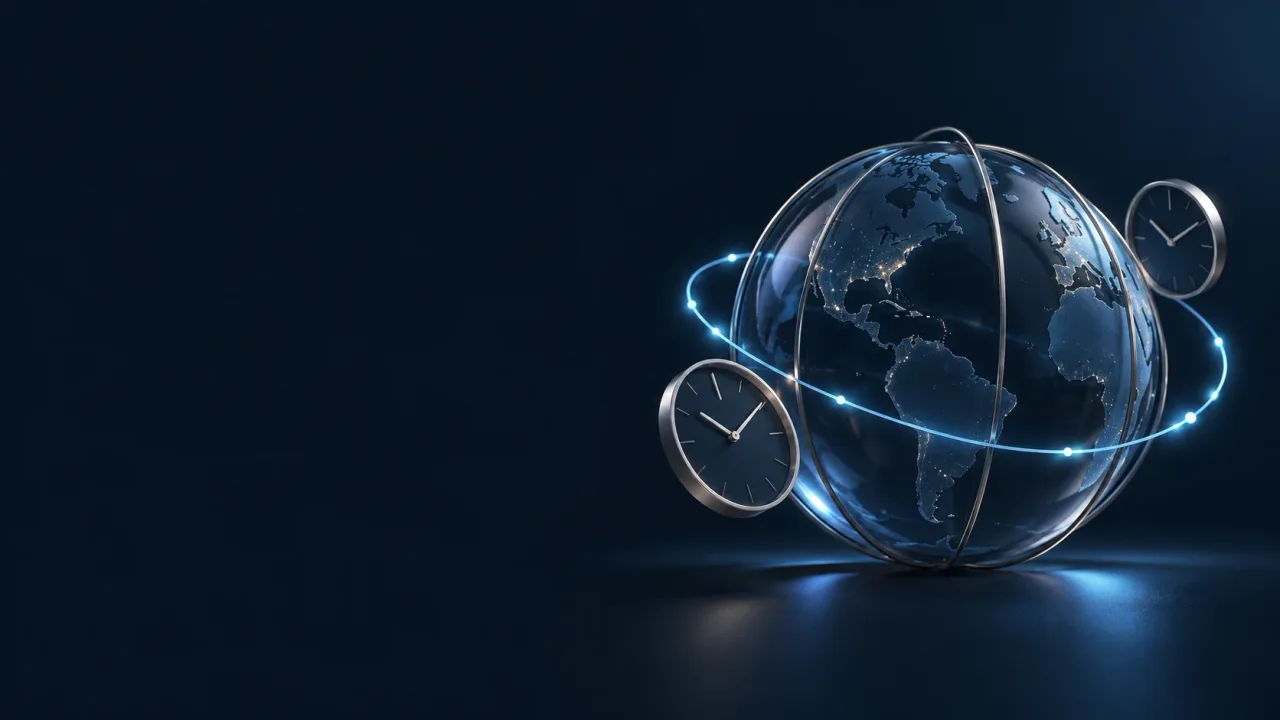 A dark glass globe with silver longitude arcs and two clock faces connected by a blue scheduling ribbon.