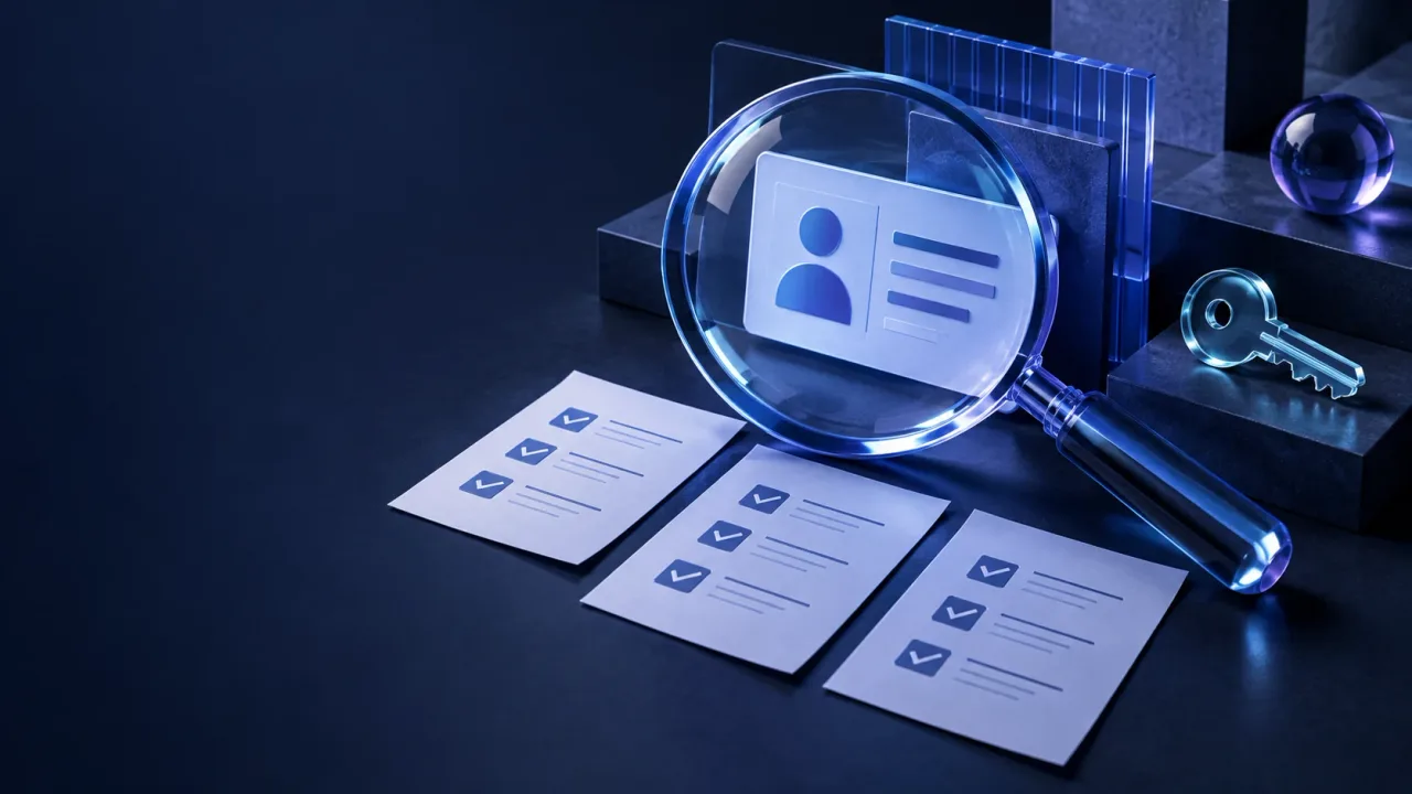 A glass magnifying lens examines an abstract profile card beside three checklist sheets and a translucent blue key on a navy tabletop.