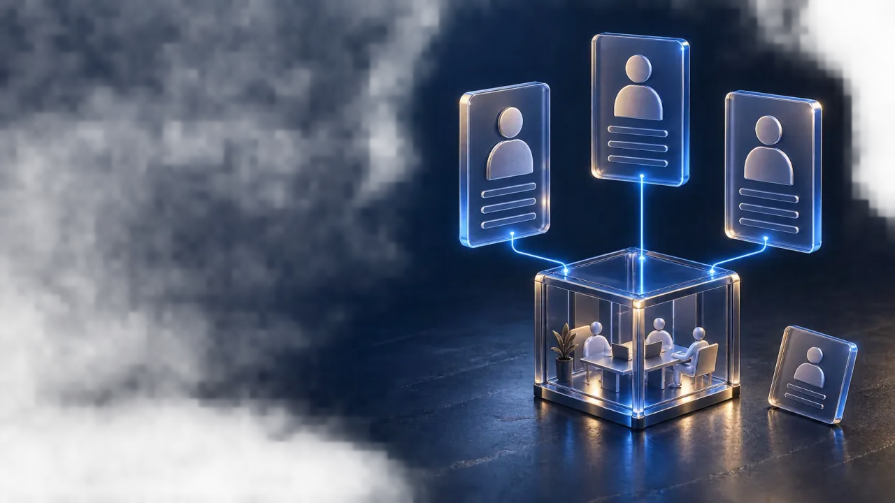 Separate glass identity panels connect to a shared team workspace, with an unconnected panel beside it.
