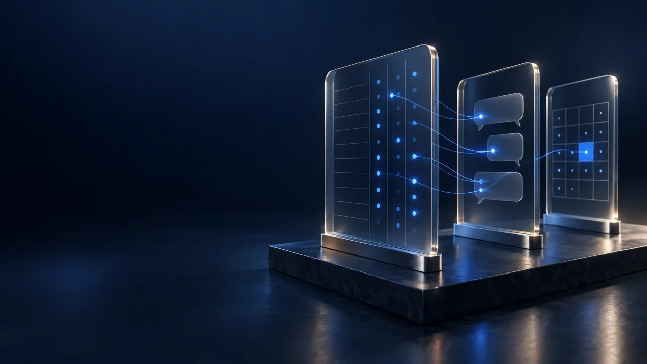 Glass reporting panels link individual outreach records to conversations and a meeting calendar with cobalt light.