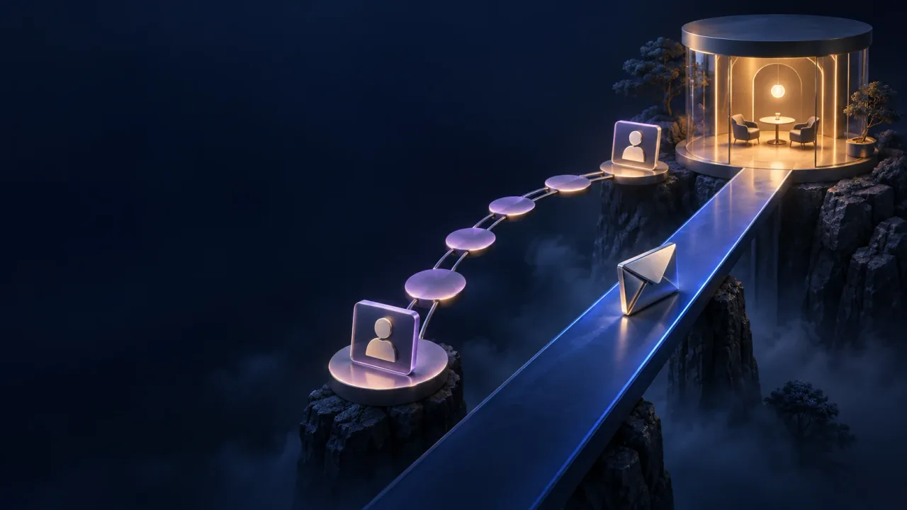 Two sculptural routes, a direct blue walkway with an envelope and a lilac bridge of connected nodes, lead toward an illuminated conversation room.