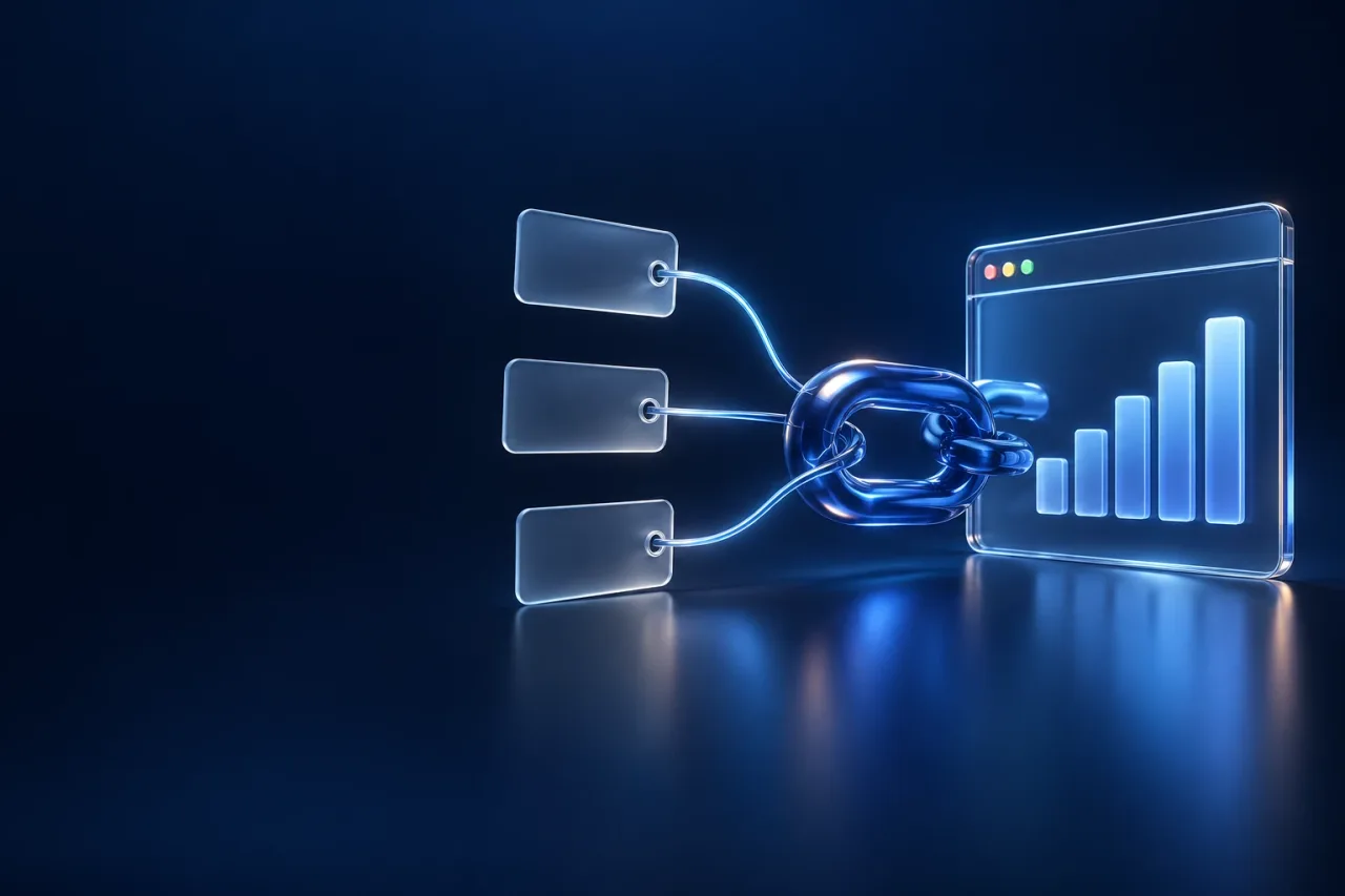 A cobalt chain link connects glass campaign labels to an abstract browser analytics panel.
