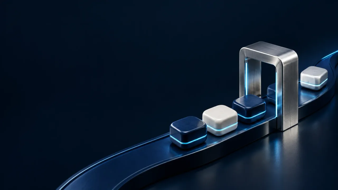Dark blue and ivory tokens queued on a curved rail beneath a brushed metal gateway with cyan edge lighting.
