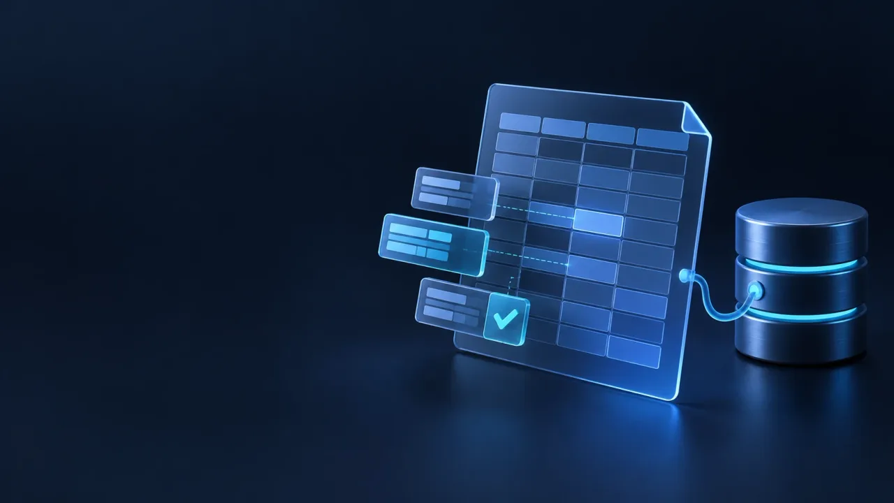 Blue data tiles align into a translucent spreadsheet beside a connected database on a dark navy background.