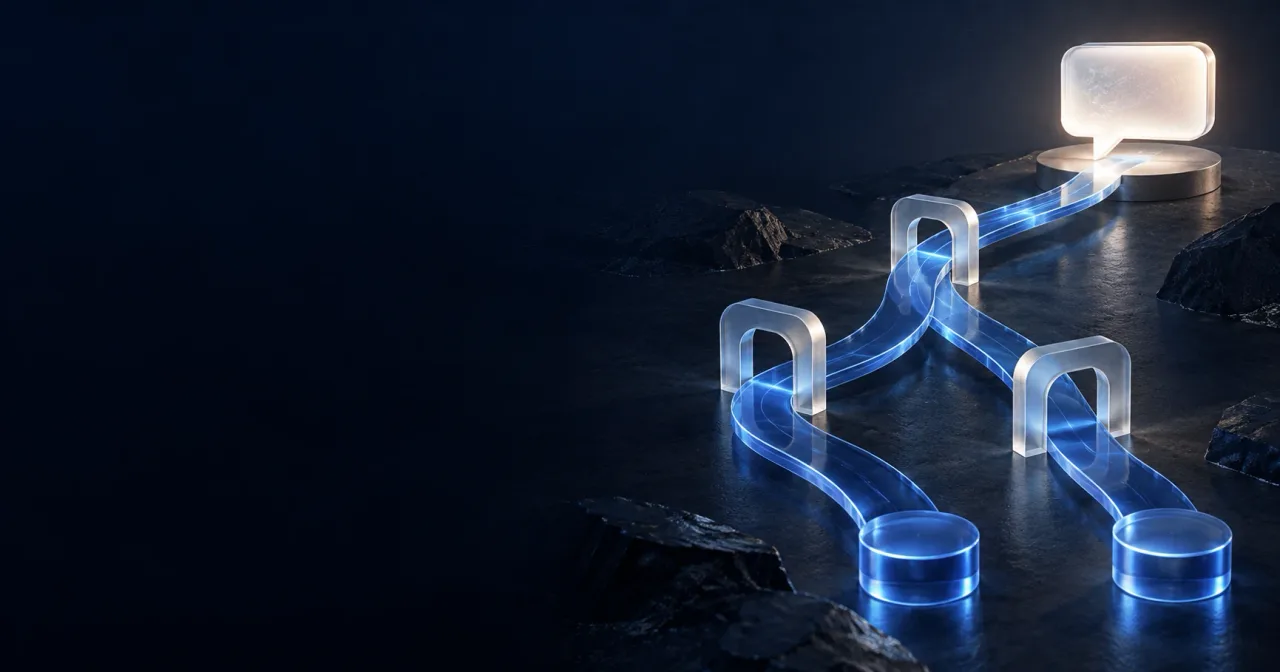 Two blue glass paths converge through clear gates toward a single conversation symbol on a dark navy background.