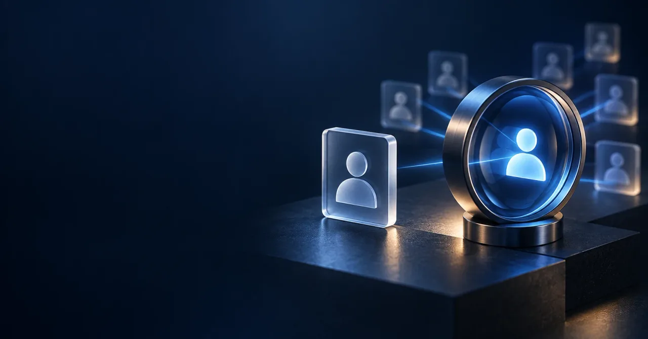 A glass profile tile beside a cobalt lens focusing on a selected professional profile.