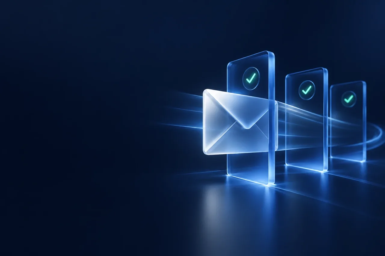 Glass envelope passing through three cobalt verification gates against a dark navy background.