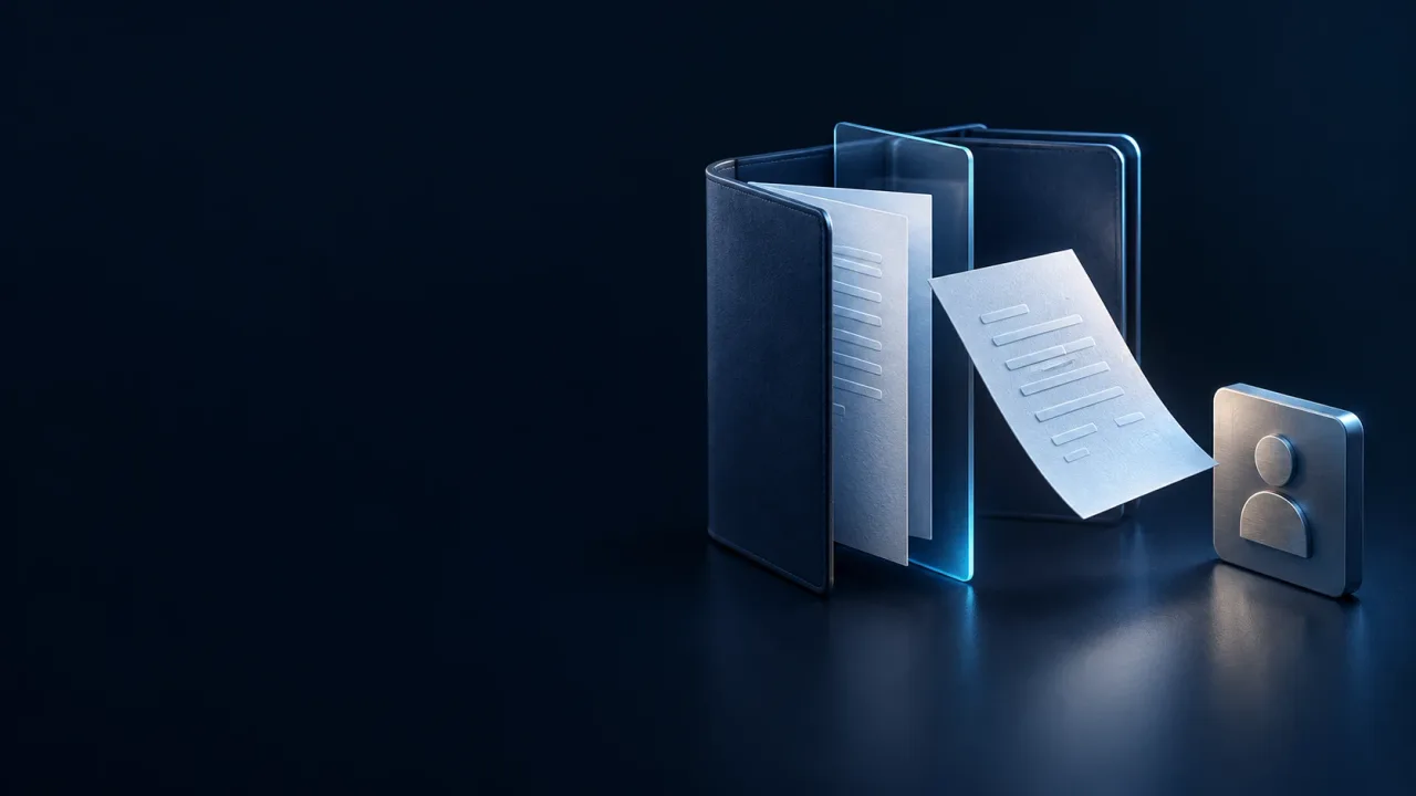 A dark blue document folio and selected paper sheet separated by glass, beside a small metal recipient tile.