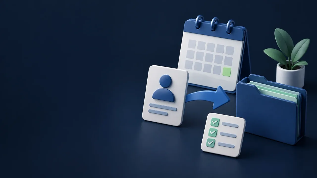 A calendar with a highlighted end date beside a profile card, handover arrow, archive folder and completed checklist on a navy background.