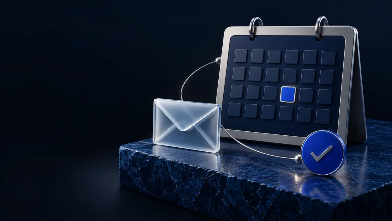 A silver calendar frame on a cobalt platform beside a glass envelope and a check token.