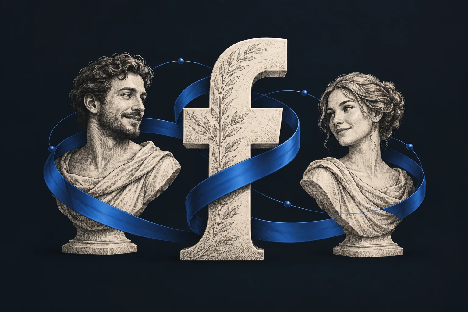 An engraved Facebook f between two portraits, connected by a flowing cobalt ribbon.