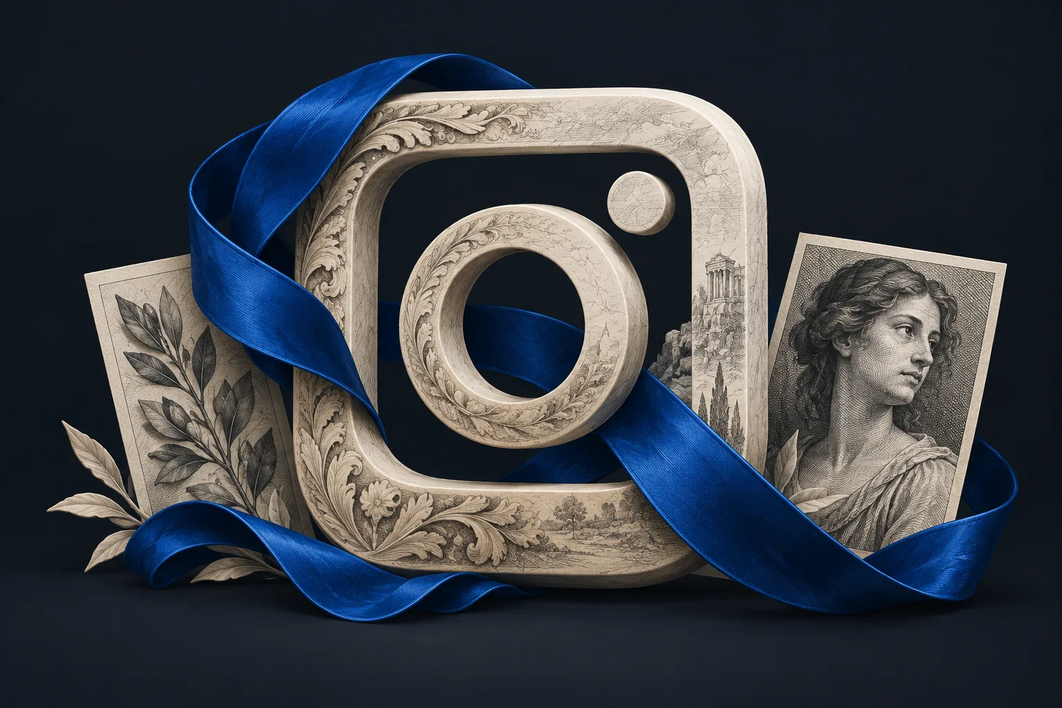 An engraved Instagram camera with portrait and botanical prints, encircled by a cobalt ribbon.