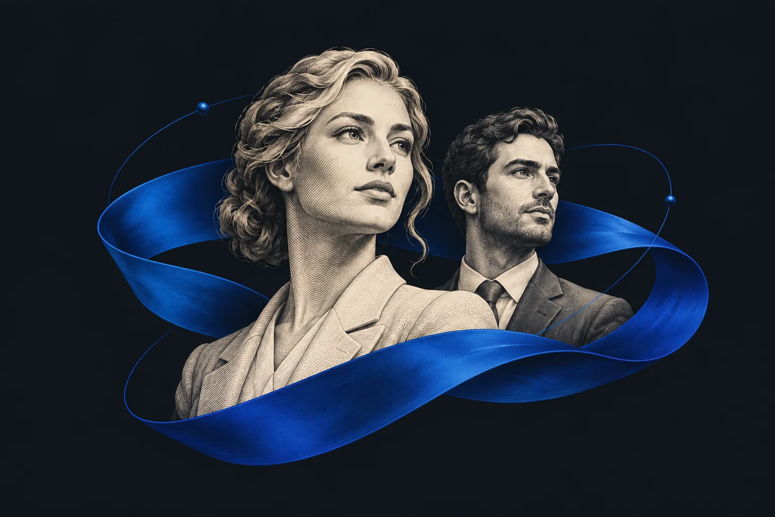 Two engraved professional portraits connected by a flowing cobalt ribbon.