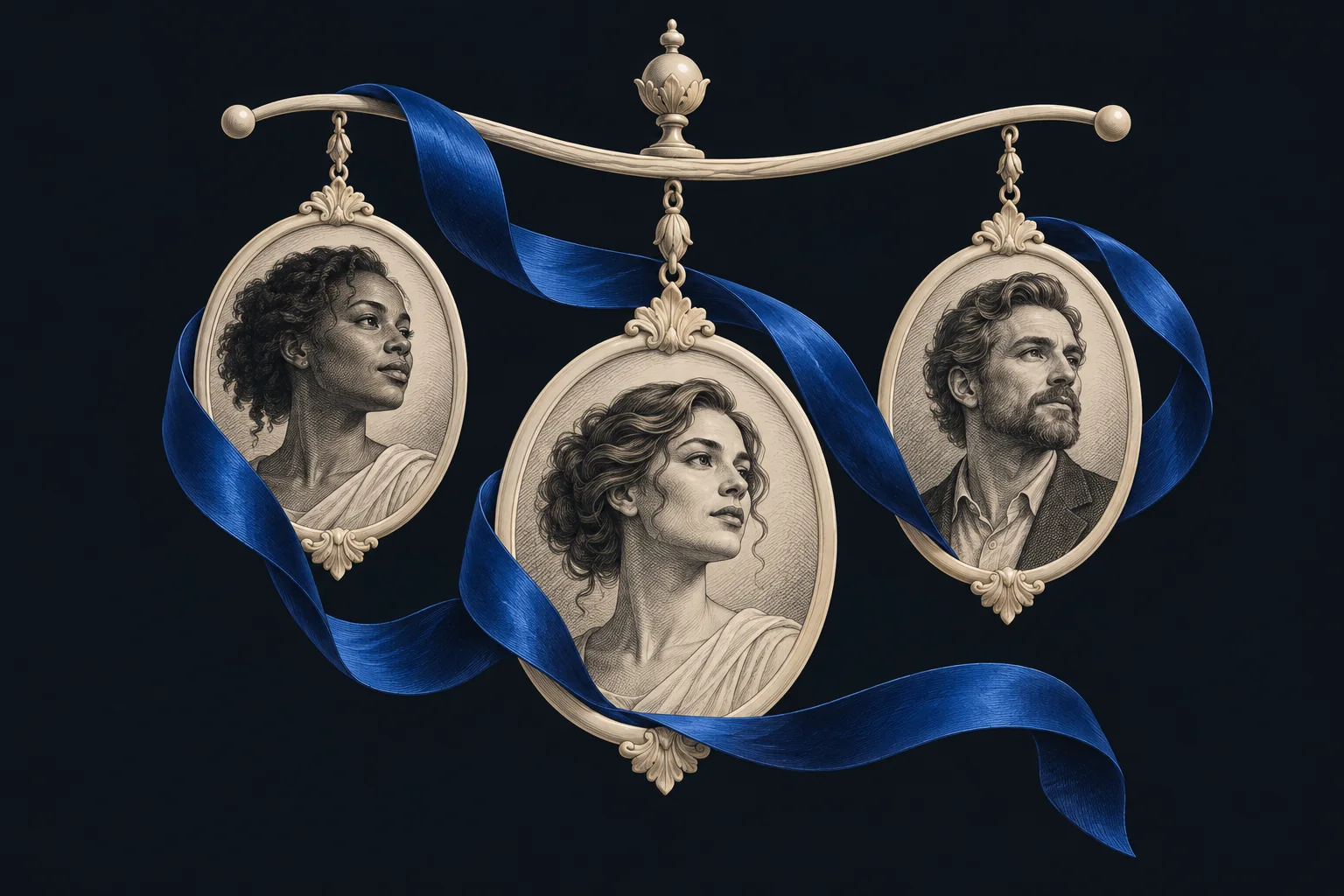 A gallery of suspended engraved portrait cameos linked by a sweeping cobalt ribbon.