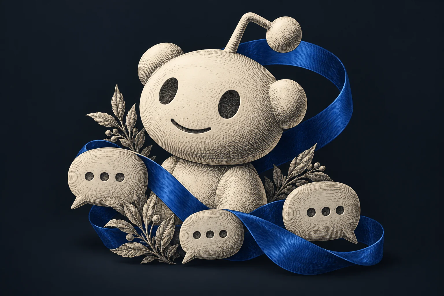 An ivory Reddit Snoo sculpture surrounded by conversation bubbles and a cobalt ribbon.