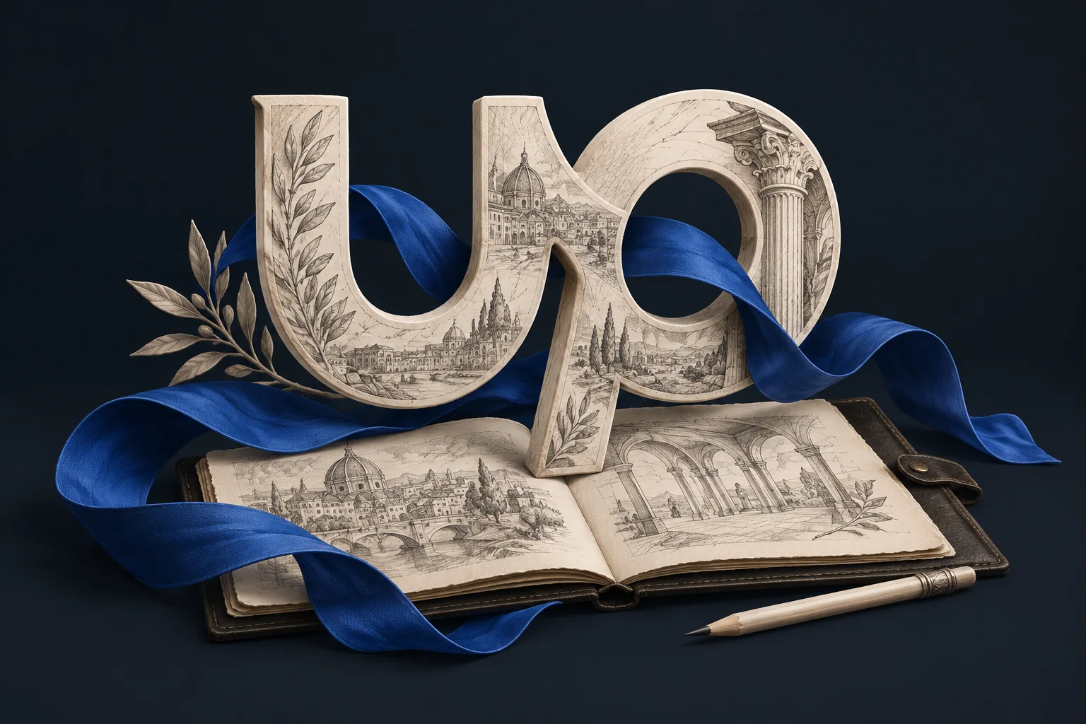 An engraved Upwork mark above an open portfolio, wrapped in a cobalt ribbon.