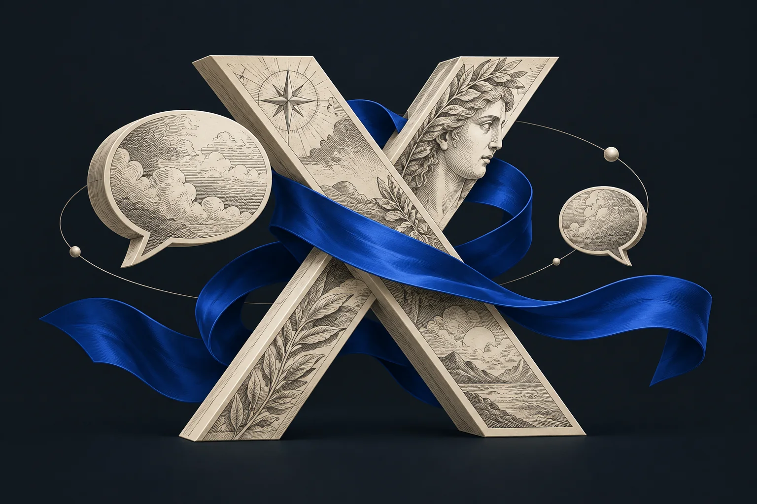 An ivory X sculpture with speech bubbles and a flowing cobalt ribbon.