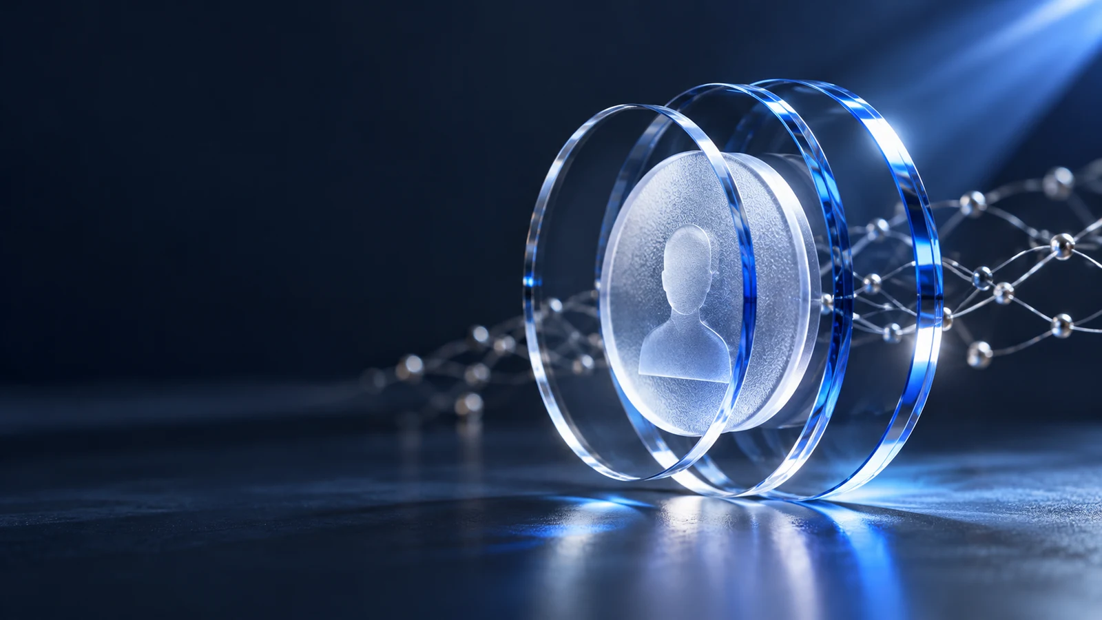 An anonymous glass profile medallion separated into transparent evidence layers.